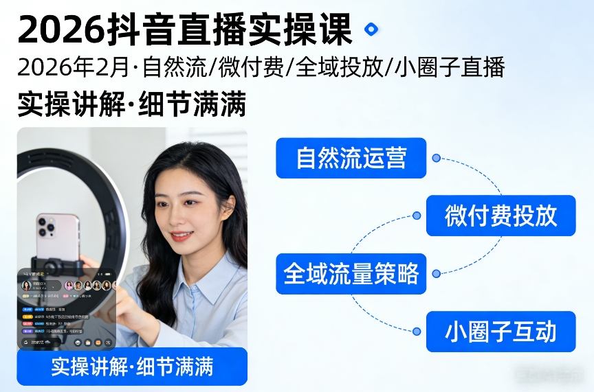 2026抖音直播实操课2026年2月，自然流、微付费、全域投放、小圈子直播，实操讲解，细节满满-知创网