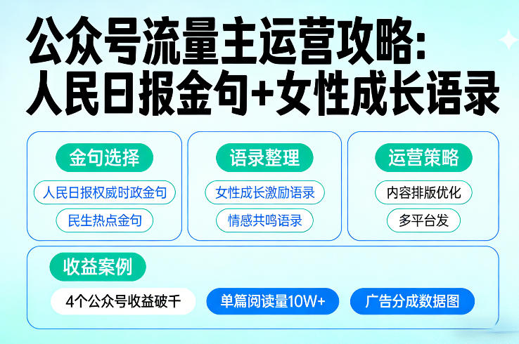 利用人民日报金句+女性成长语录做公众号流量主，4个公众号收益破千-知创网
