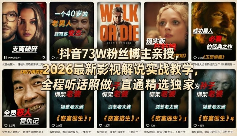 抖音73W粉丝博主亲授，2026最新影视解说实战教学，全程听话照做，直通精选独家-知创网