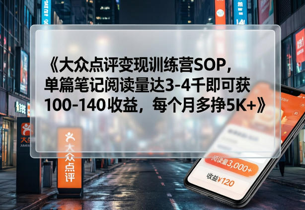 大众点评变现训练营SOP，单篇笔记阅读量达3-4千即可获100-140收益，每个月多挣5K+-知创网