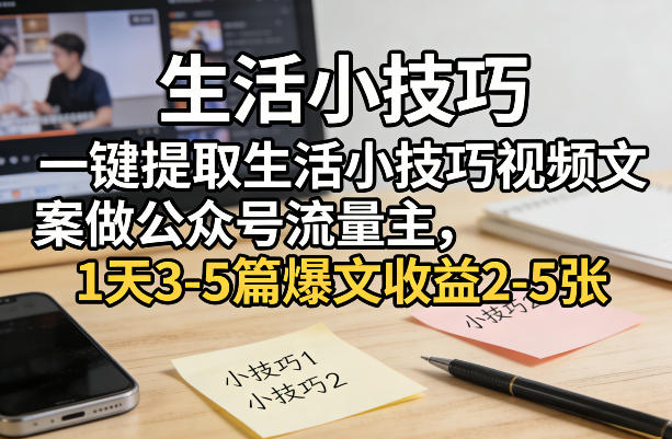 一键提取生活小技巧视频文案做公众号流量主，1天3-5篇爆文收益2-5张-知创网