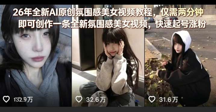 26年全新AI原创氛围感美女视频教程,仅需两分钟即可创作一条全新氛围感美女视频,快速起号涨粉-知创网