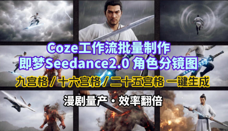Coze工作流批量制作即梦Seedance2.0角色分镜图，九宫格-十六宫格-二十五宫格一键生成，漫剧量产，效率翻倍-知创网