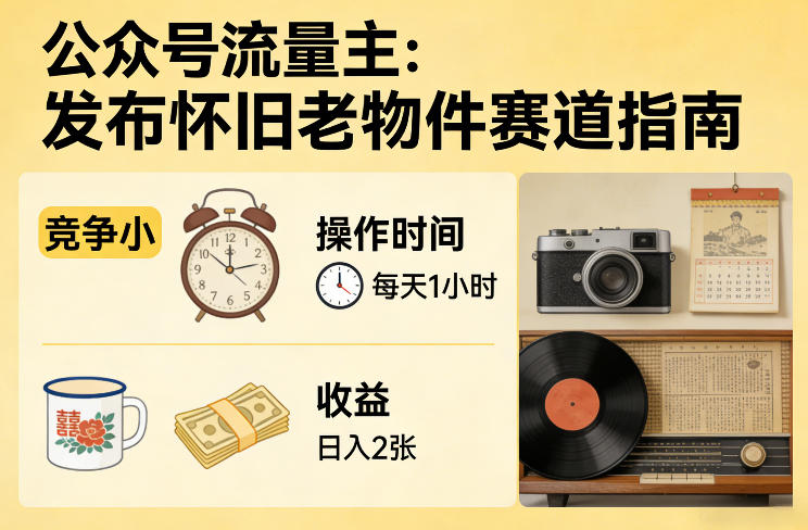 公众号流量主之发布怀旧老物件赛道，竞争小，每天操作1小时，日入2张-知创网