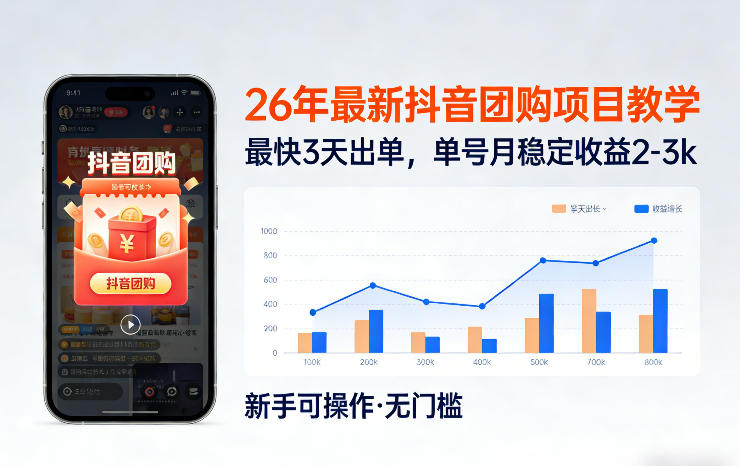 26年最新抖音团购项目教学，0门槛，最快3天出单，单号月稳定收益2-3k-知创网