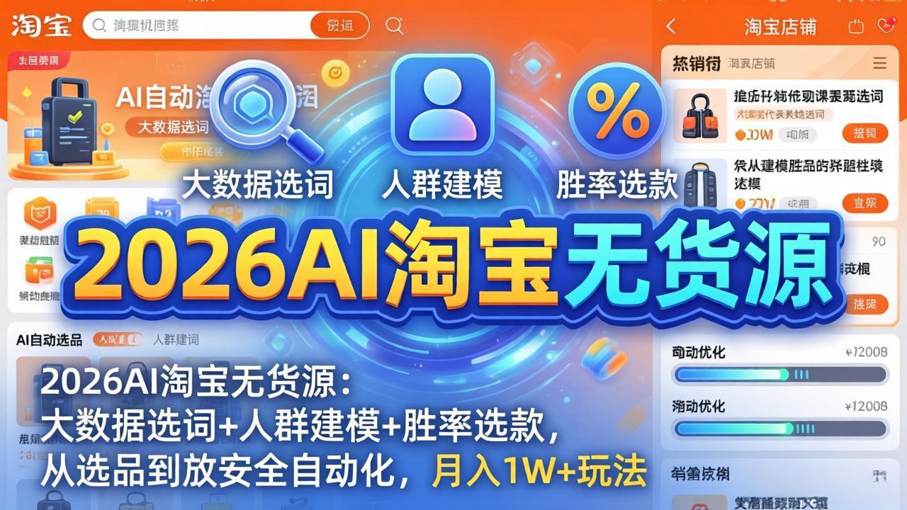 （17955期）2026AI淘宝无货源-4月更新：大数据选词+人群建模+胜率选款，从选品到放大全自动化，月入1W+玩法-知创网