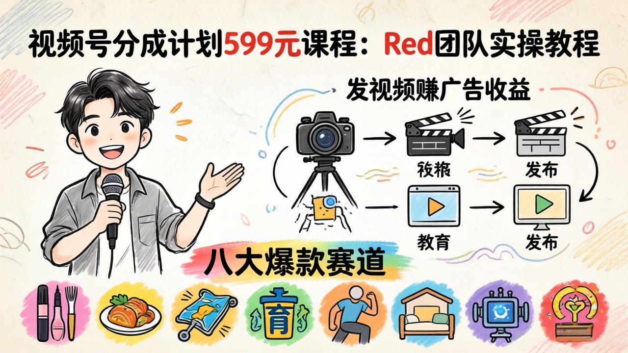 （18088期）视频号分成计划599元课程：Red团队实操教程，发视频赚广告收益，八大爆款赛道全掌握-知创网