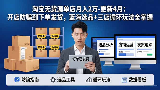 (17988期)淘宝无货源单店月入2万-更新4月:开店防骗到下单发货,蓝海选品+三店循环玩法全掌握-知创网