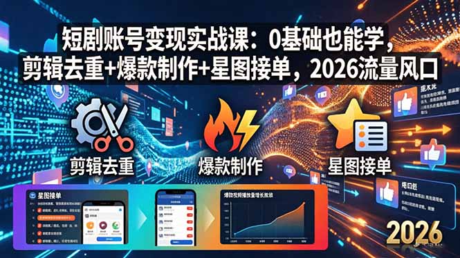 （18160期）短剧账号变现实战课：0基础也能学，剪辑去重+爆款制作+星图接单，2026流量风口-知创网