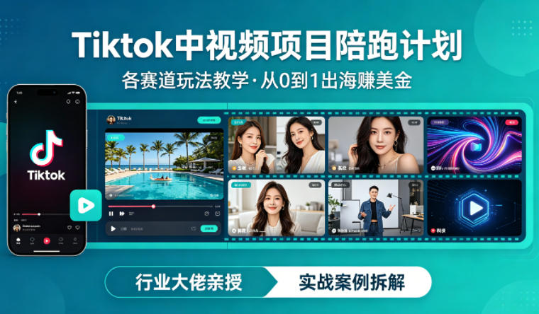 某大佬的Tiktok中视频项目陪跑，涵盖TK各个赛道玩法教学，从0到1出海賺美金-知创网