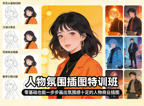 人物氛围插图特训班，零基础也能一步步画出氛围感十足的人物商业插图-知创网