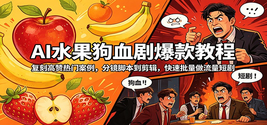 AI水果狗血剧爆款教程：复刻高赞热门案例，分镜脚本到剪辑，快速批量做流量短剧-知创网