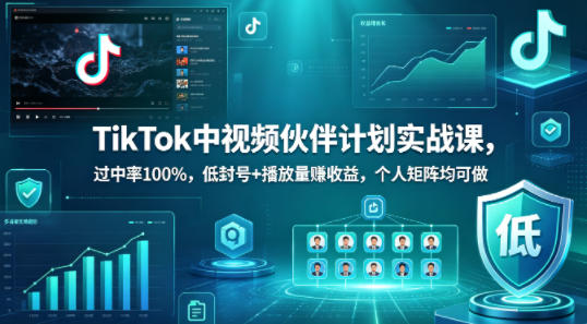 TikTok中视频伙伴计划实战课，过中率100%，低封号+播放量賺收益，个人矩阵均可做-知创网