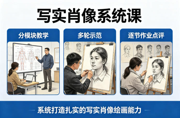 写实肖像系统课，全程分模块教学+多轮示范+逐节作业点评，系统打造扎实的写实肖像绘画能力-知创网