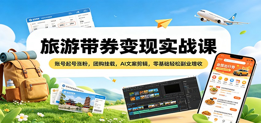 旅游带券变现实战课：账号起号涨粉，团购挂载，AI文案剪辑，零基础轻松副业增收-知创网