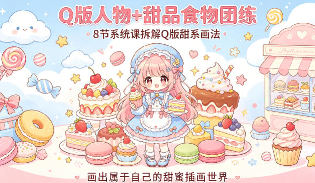 Q版人物+甜品食物团练，8节系统课拆解Q版甜系画法，画出属于自己的甜蜜插画世界-知创网