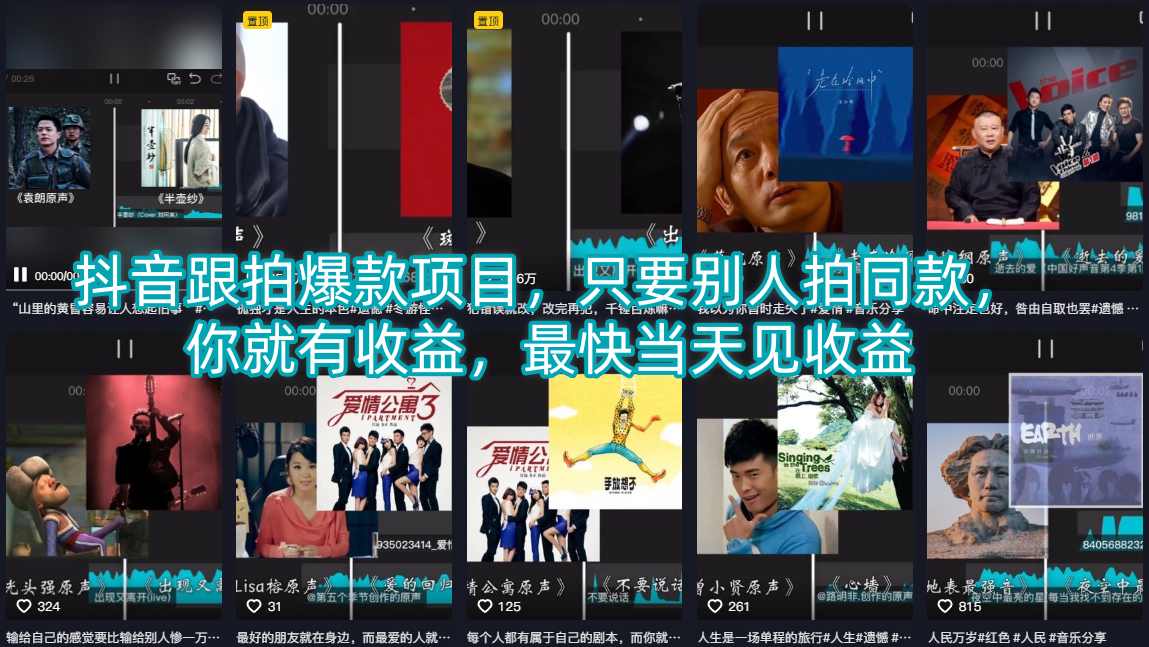 抖音跟拍爆款项目，只要别人拍同款，你就有收益，最快当天见收益-知创网