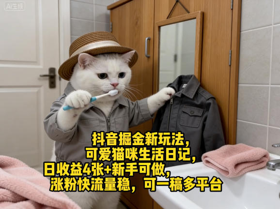 抖音掘金新玩法，可爱猫咪生活日记，日收益4张+新手可做，涨粉快流量稳，可一稿多平台-知创网