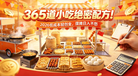 365道小吃绝密配方！2026低成本轻创业，摆摊日入不愁-知创网