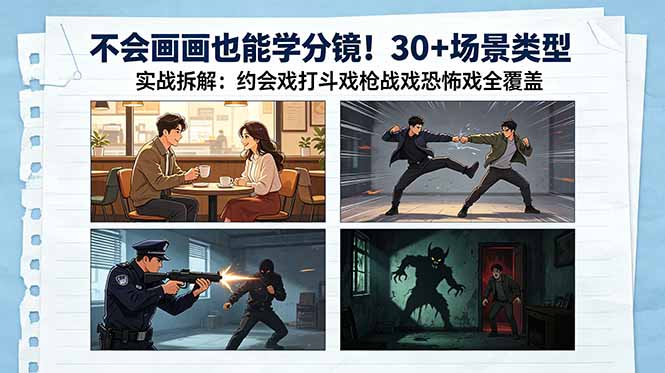 （18591期）不会画画也能学分镜！30+场景类型实战拆解：约会戏打斗戏枪战戏恐怖戏全覆盖-知创网