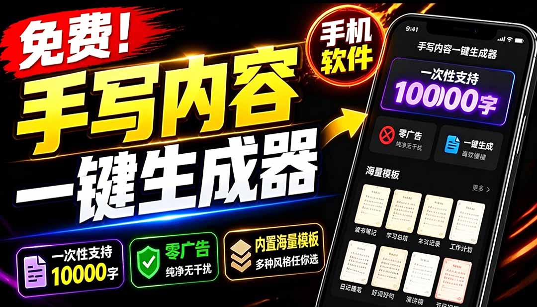 （18667期）超逼真手写字体一键生成器，纯免费离线运行，一次性支持10000字，零广告，内置海量模板-知创网