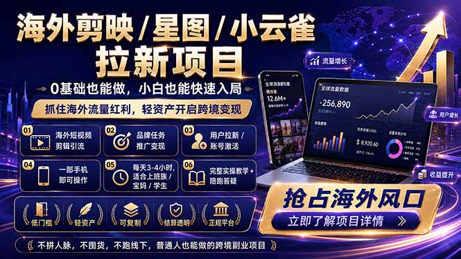 （18567期）海外剪映 / 星图 / 小云雀拉新项目 普通人也能上手的跨境流量变现副业-知创网
