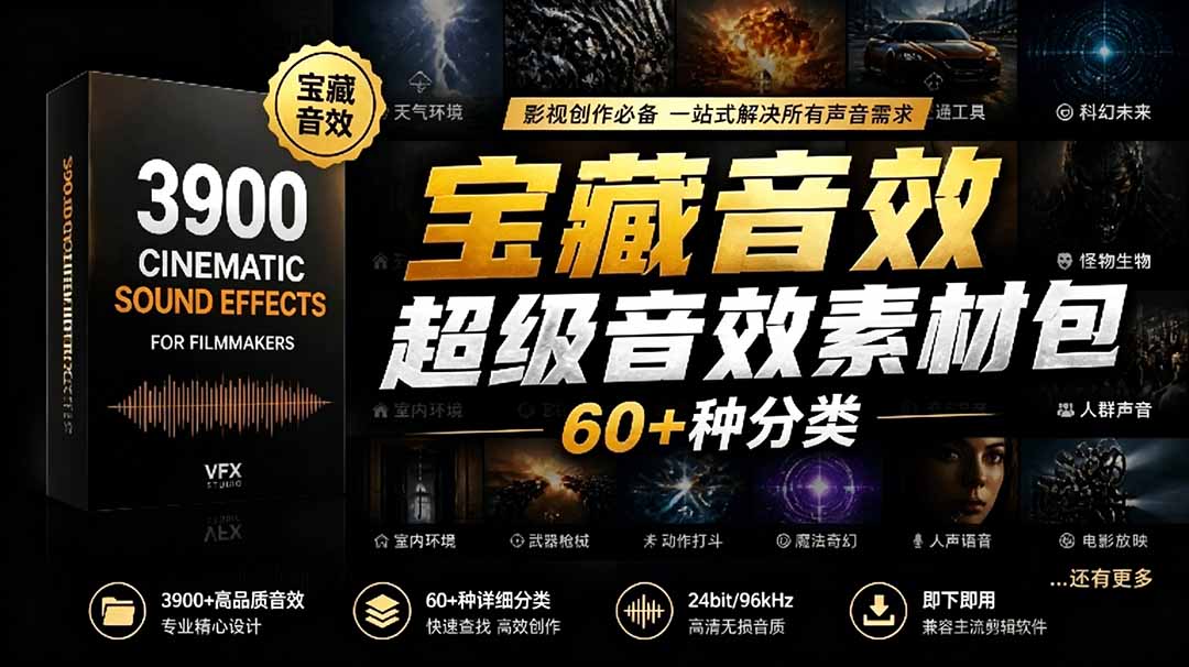 （18660期）宝藏音效合集包！60+多种音效分类，共计3900个，分类清晰，全中文分类，高品质剪辑音效素材包-知创网