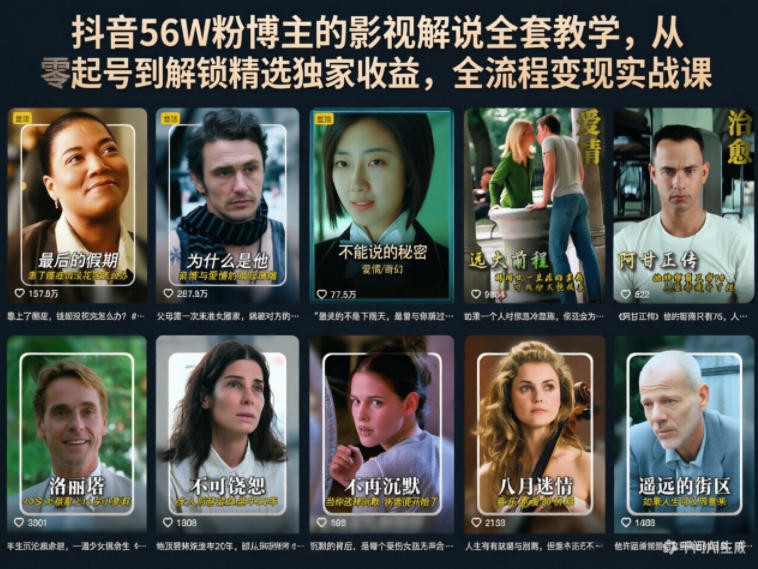 抖音56W粉博主的影视解说全套教学,从零起号到解锁精选独家收益,全流程变现实战课-知创网