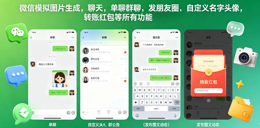 微信模拟图片生成，聊天，单聊群聊，发朋友圈，自定义名字头像，转账红包等所有功能都可以生成-知创网
