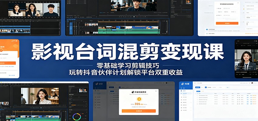 影视台词混剪变现课：零基础学习剪辑技巧，玩转抖音伙伴计划解锁平台双重收益-知创网