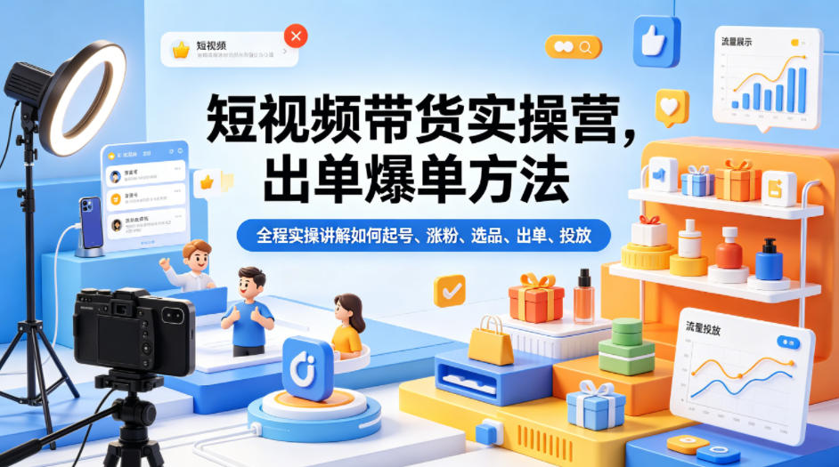 短视频带货实操营，出单爆单方法，全程实操讲解如何起号、涨粉、选品、出单、投放-知创网