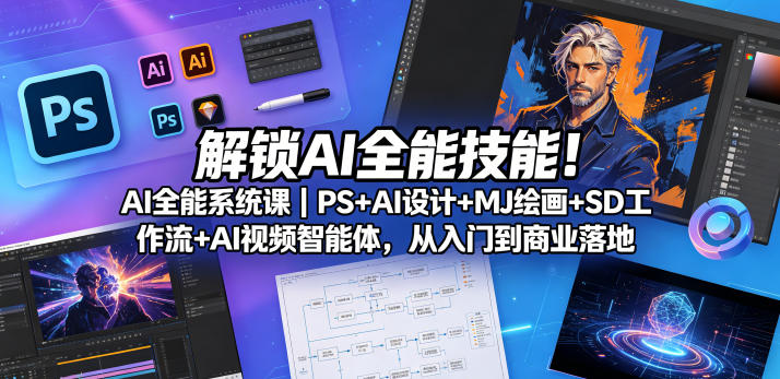 解锁AI全能技能！AI全能系统课｜PS+AI设计+MJ绘画+SD工作流+AI视频智能体，从入门到商业落地-知创网