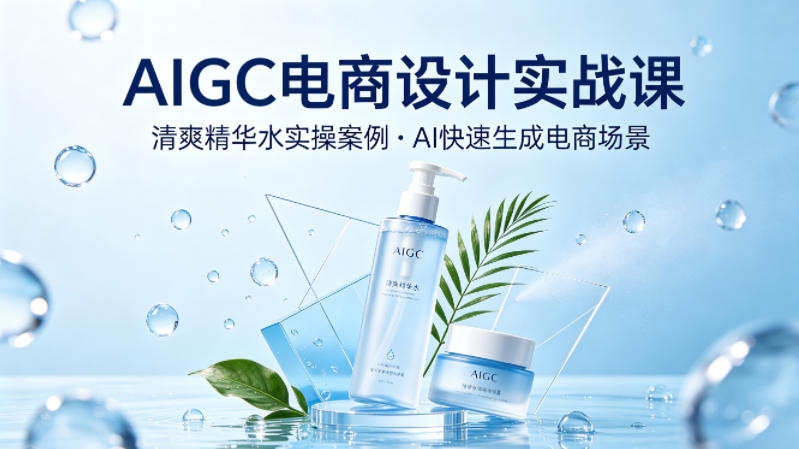AIGC电商设计实战课，以清爽精华水为实操案例，教你用AI快速生成电商场景-知创网