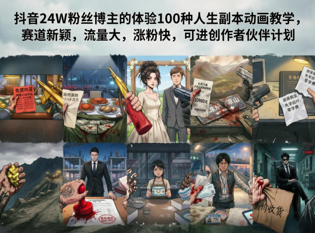 抖音24W粉丝博主的体验100种人生副本动画教学，赛道新颖，流量大，涨粉快，可进创作者伙伴计划-知创网