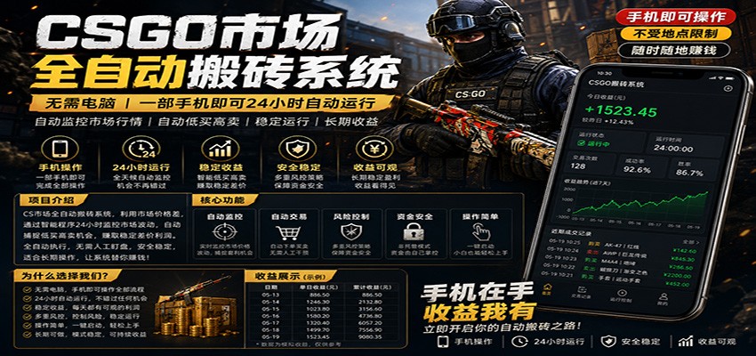不需要电脑的CS市场自动搬砖系统|自动正常买高卖全天运行 |月入过W【稳定运行】-知创网