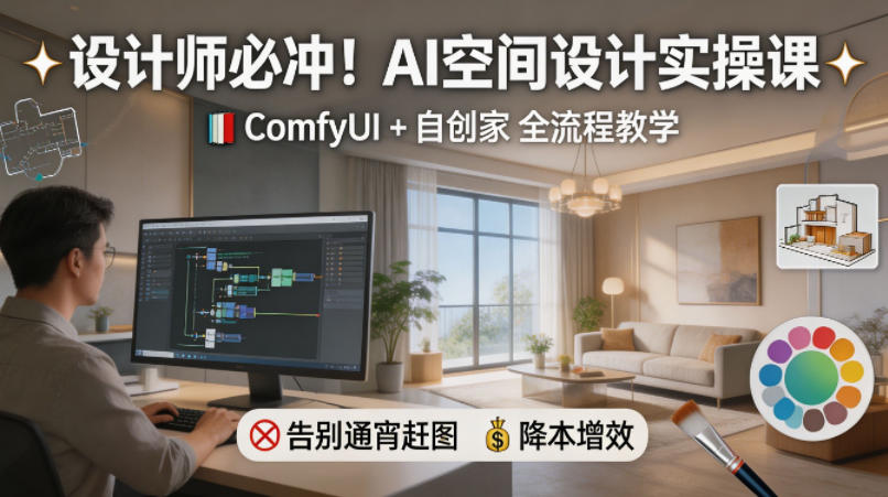 设计师必冲！AI空间设计实操课，ComfyUI+自创家全教学，告别通宵赶图，降本增效-知创网