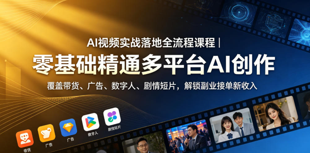 AI视频实战落地全流程课程｜零基础精通多平台AI创作，覆盖带货、广告、数字人、剧情短片，解锁副业接单新收入-知创网