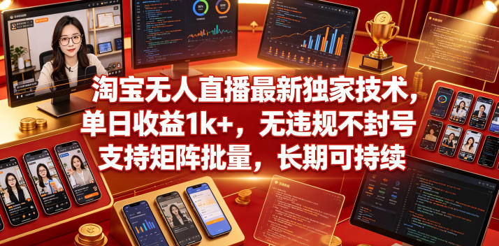 淘宝无人直播最新独家技术，单日收益1k+，无违规不封号，支持矩阵批量，长期可持续【揭秘】-知创网