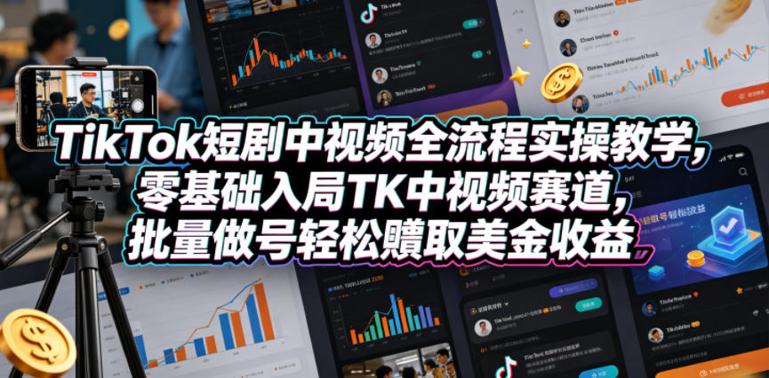 TikTok短剧中视频全流程实操教学，零基础入局TK中视频赛道，批量做号轻松賺取美金收益-知创网
