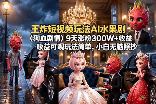 王炸短视频玩法AI水果剧（狗血剧情）9天涨粉300W+收益可观玩法简单，小白无脑照抄，详细拆解玩法-知创网