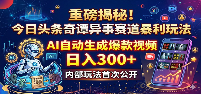 重磅揭秘!今日头条奇谭异事赛道暴利玩法:AI自动生成爆款视频,日入300+-知创网