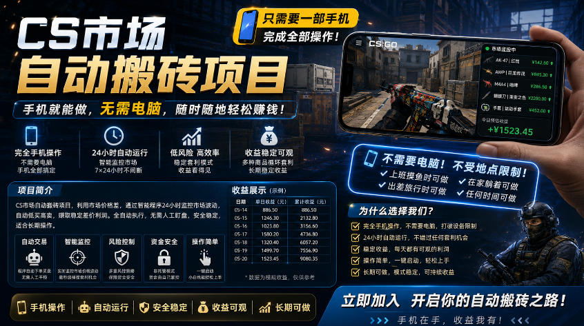 手机即可操作的CS市场自动搬砖系统｜自动监控｜自动下单|日入300+【揭秘】-知创网