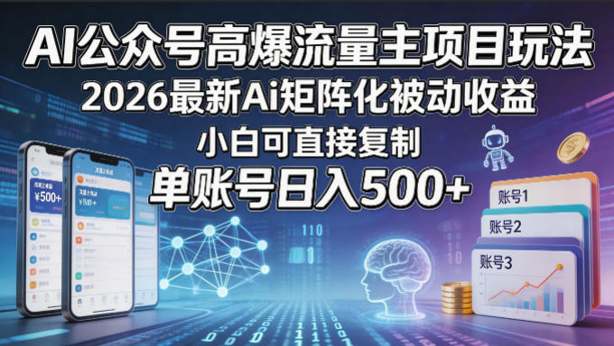 AI公众号高爆流量主项目玩法，2026最新Ai矩阵化被动收益，小白可直接复制，单账号日入500+-知创网