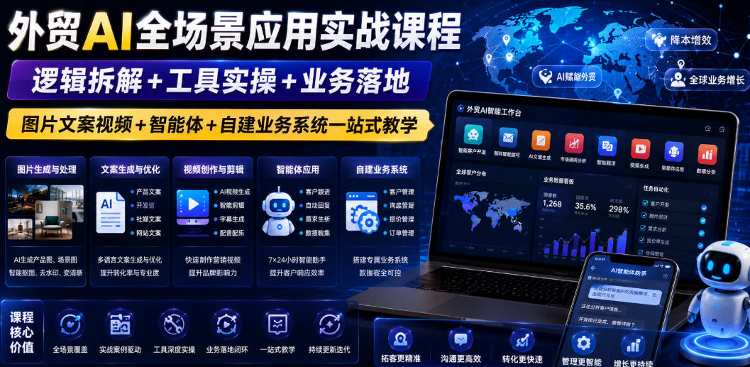 外贸AI全场景应用实战课程｜逻辑拆解+工具实操+业务落地，图片文案视频+智能体+自建业务系统一站式教学-知创网