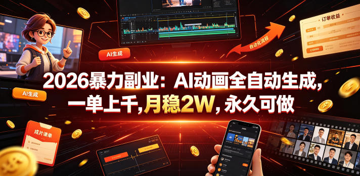 2026暴力副业：AI动画全自动生成，一单上千，月稳2W，永久可做【揭秘】-知创网
