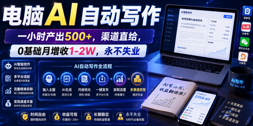 电脑AI自动写作，一小时产出500+，渠道直给，0基础月增收1-2W，永不失业【揭秘】-知创网