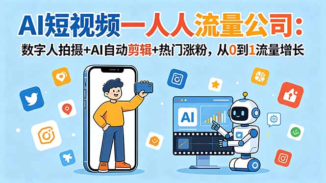 （18864期）AI短视频一人流量公司：数字人拍摄+AI自动剪辑+热门涨粉，从0到1流量增长-知创网