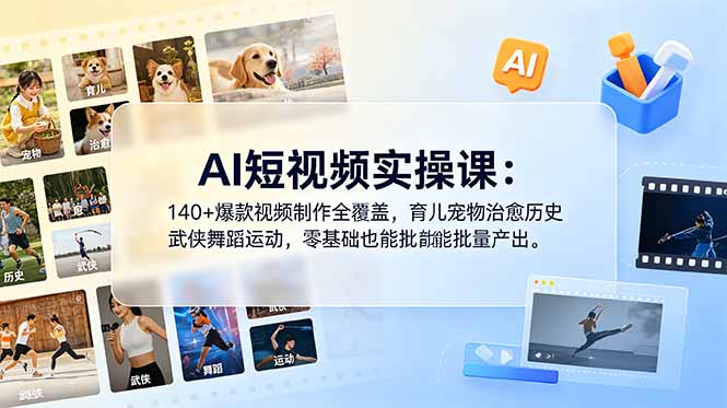 （18781期）AI短视频实操课：140+爆款视频制作全覆盖，育儿宠物治愈历史武侠舞蹈运动，零基础也能批量产出-知创网