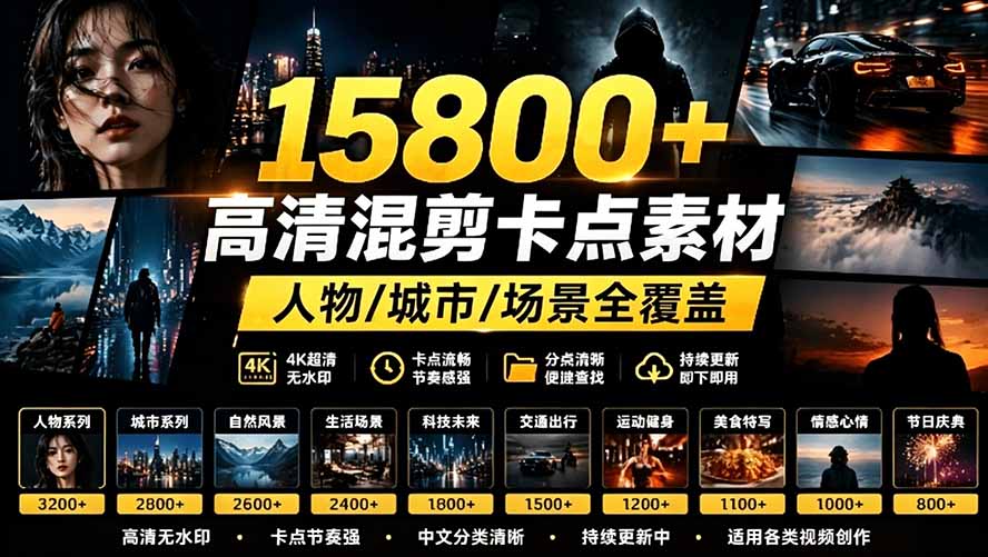 （19120期）【影视剪辑素材合集】15800+高清混剪卡点｜热门影视精彩片段｜人物/城市/场景全覆盖，中文分类清晰-知创网