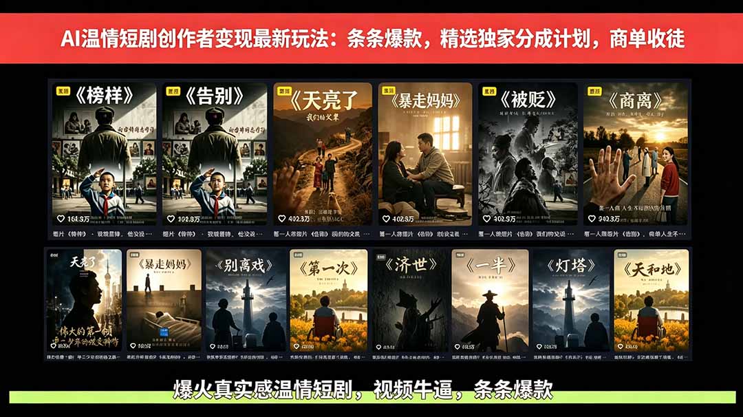 （18748期）AI温情短剧创作者变现最新玩法：视频牛逼，条条爆款，精选独家分成计划，商单收徒-知创网